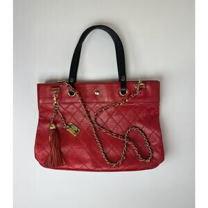CHANEL Red Quilted Lambskin Vintage Gold Tassel Tote Large Bag Rare 1990s Auth